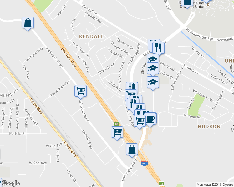 map of restaurants, bars, coffee shops, grocery stores, and more near 2101 West 48th Street in San Bernardino