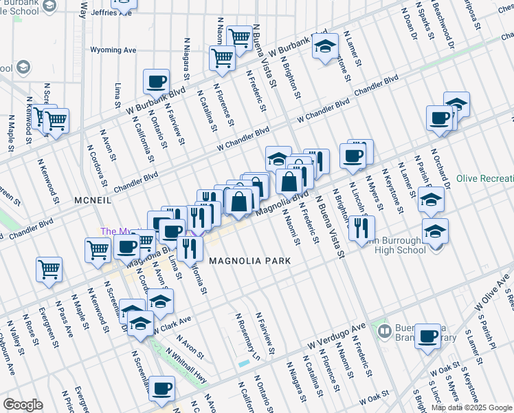 map of restaurants, bars, coffee shops, grocery stores, and more near 814 North Florence Street in Burbank