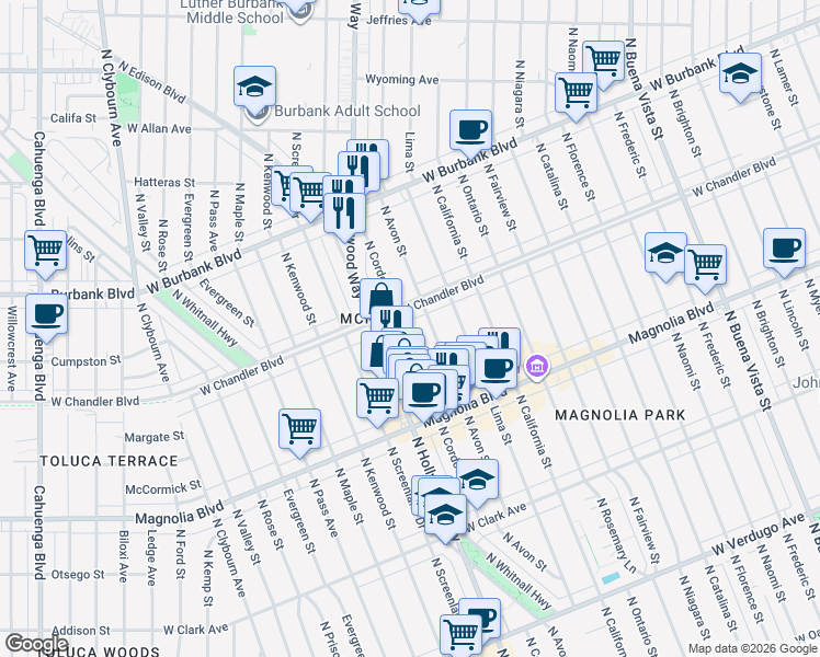 map of restaurants, bars, coffee shops, grocery stores, and more near 3510 West Chandler Boulevard in Burbank