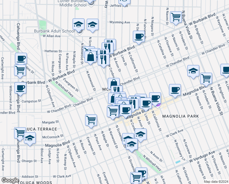 map of restaurants, bars, coffee shops, grocery stores, and more near in Burbank