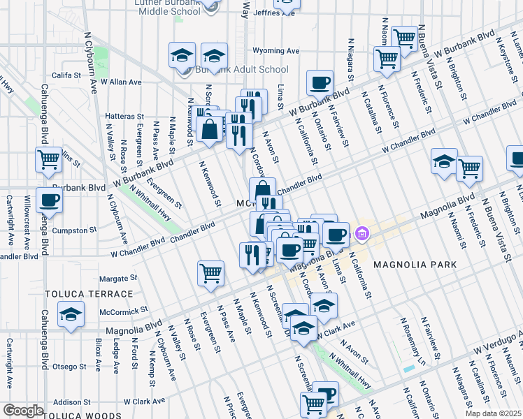 map of restaurants, bars, coffee shops, grocery stores, and more near in Burbank