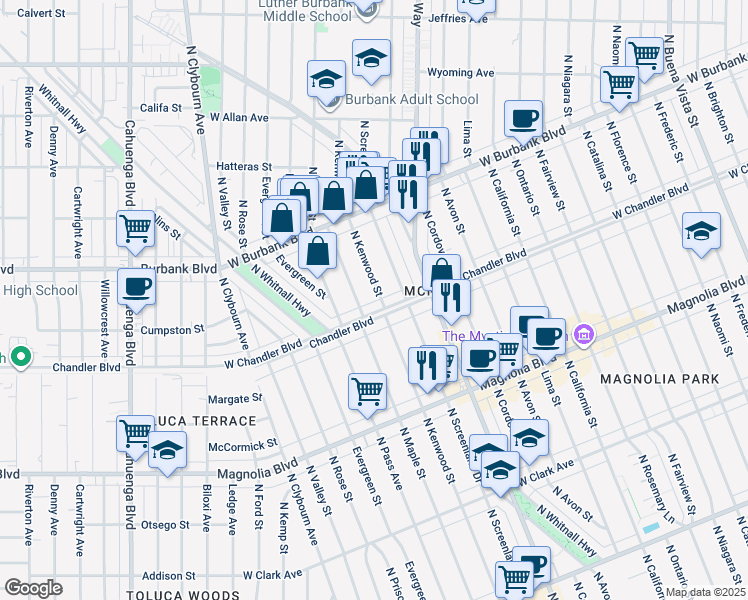 map of restaurants, bars, coffee shops, grocery stores, and more near 1223 North Kenwood Street in Burbank