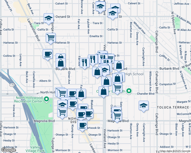 map of restaurants, bars, coffee shops, grocery stores, and more near 5550 Fulcher Avenue in Los Angeles