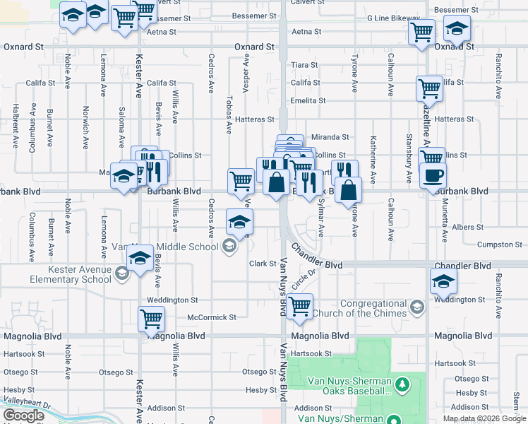 map of restaurants, bars, coffee shops, grocery stores, and more near 14549 Killion Street in Los Angeles