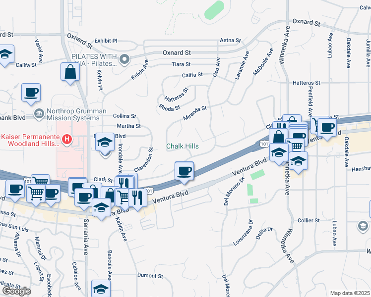 map of restaurants, bars, coffee shops, grocery stores, and more near 5526 Mason Avenue in Los Angeles