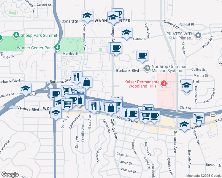 map of restaurants, bars, coffee shops, grocery stores, and more near 5545 Canoga Avenue in Los Angeles