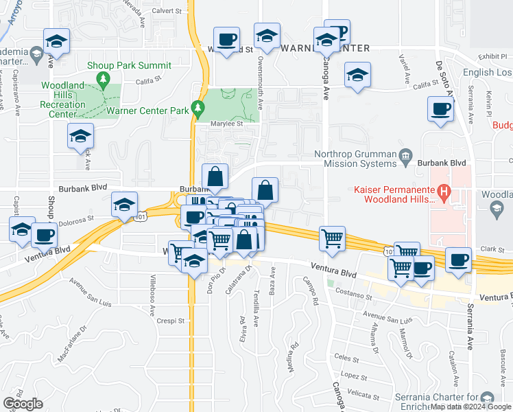 map of restaurants, bars, coffee shops, grocery stores, and more near 5530 Owensmouth Avenue in Los Angeles