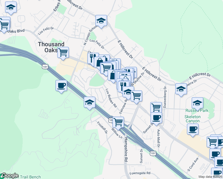 map of restaurants, bars, coffee shops, grocery stores, and more near 2699 Los Robles Road in Thousand Oaks