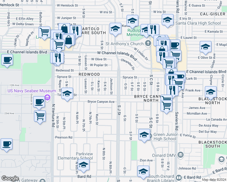 map of restaurants, bars, coffee shops, grocery stores, and more near 3101 Jackson Street in Oxnard