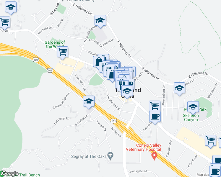 map of restaurants, bars, coffee shops, grocery stores, and more near 2741 Robles Rd in Thousand Oaks