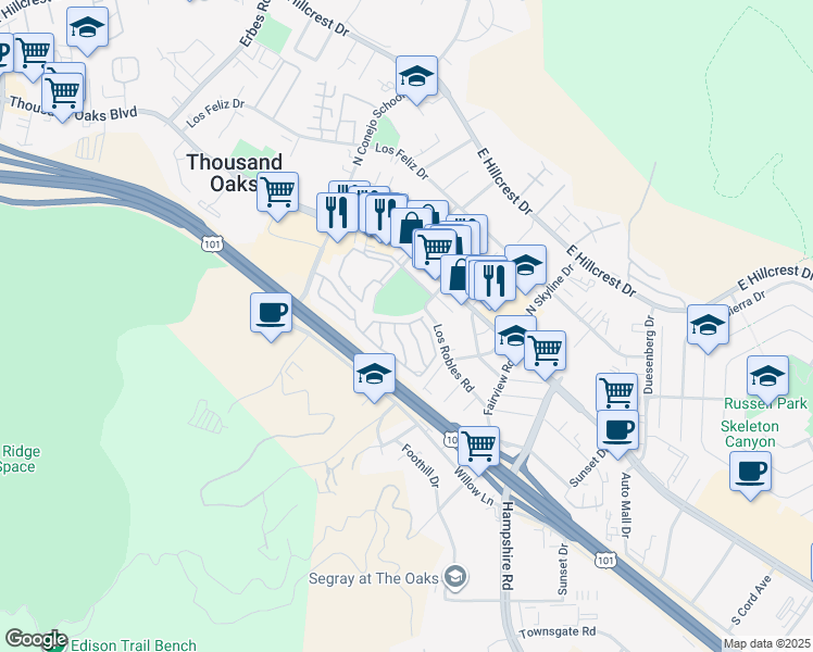 map of restaurants, bars, coffee shops, grocery stores, and more near 103 Comanche Way in Thousand Oaks
