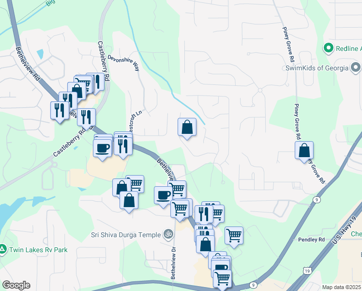 map of restaurants, bars, coffee shops, grocery stores, and more near 6345 Whirlaway Drive in Cumming