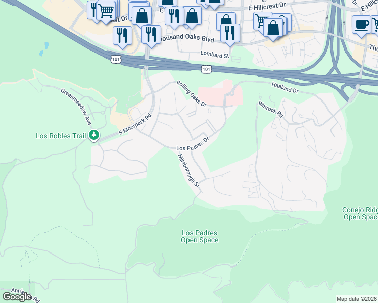 map of restaurants, bars, coffee shops, grocery stores, and more near 405 Newcastle Street in Westlake Village