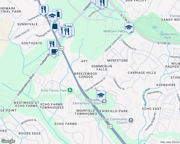 map of restaurants, bars, coffee shops, grocery stores, and more near 1056 Summerlin Falls Court in Wilmington