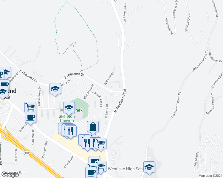 map of restaurants, bars, coffee shops, grocery stores, and more near 4036 Stoneriver Court in Westlake Village