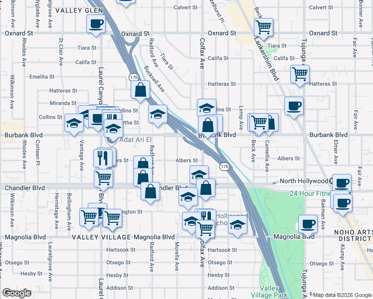 map of restaurants, bars, coffee shops, grocery stores, and more near 5525 Simpson Avenue in Los Angeles