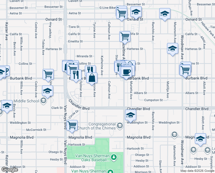 map of restaurants, bars, coffee shops, grocery stores, and more near 5527 Calhoun Avenue in Los Angeles