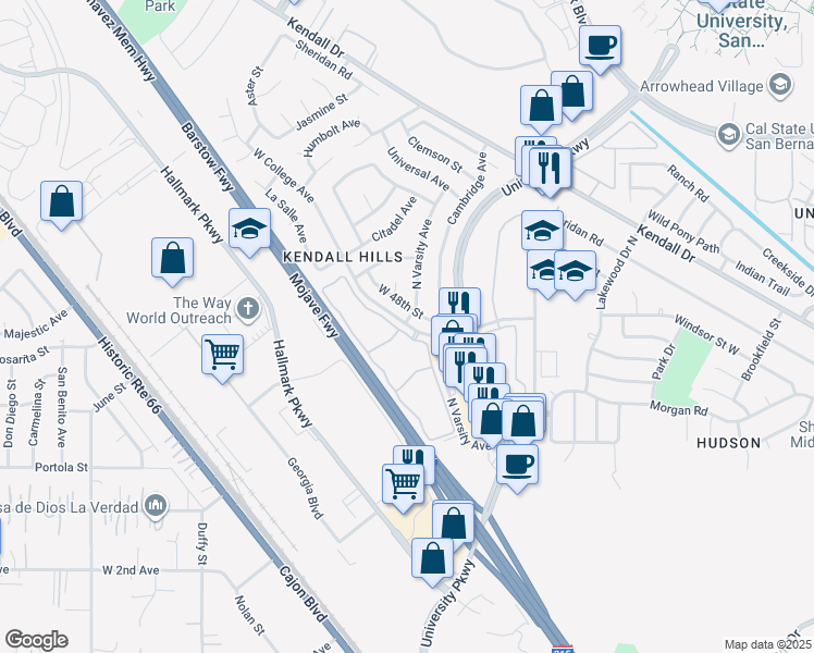 map of restaurants, bars, coffee shops, grocery stores, and more near 2101 West 48th Street in San Bernardino