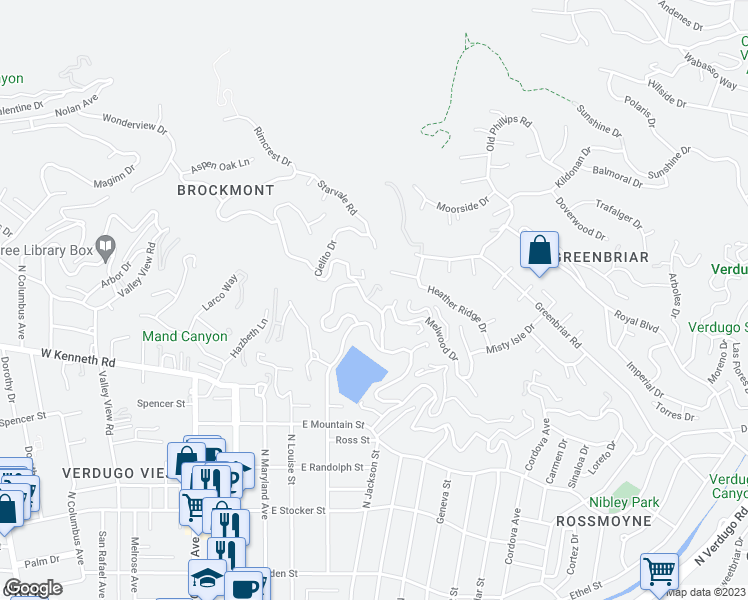 map of restaurants, bars, coffee shops, grocery stores, and more near 1644 Cielito Drive in Glendale