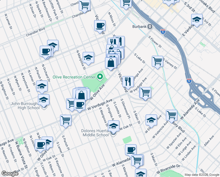 map of restaurants, bars, coffee shops, grocery stores, and more near 1005 West Angeleno Avenue in Burbank