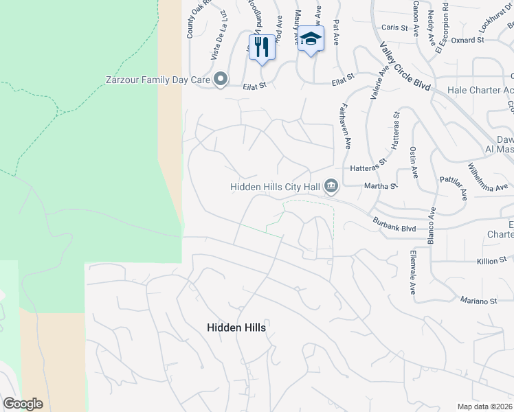map of restaurants, bars, coffee shops, grocery stores, and more near 6006 Spring Valley Road in Hidden Hills