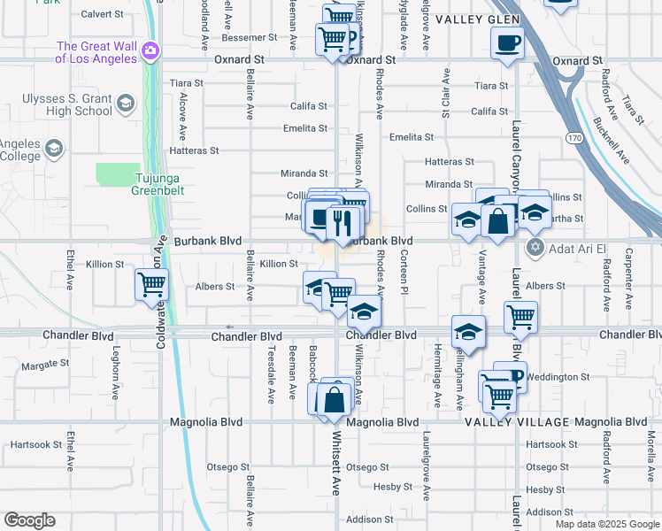 map of restaurants, bars, coffee shops, grocery stores, and more near 5916 Whitsett Avenue in Los Angeles