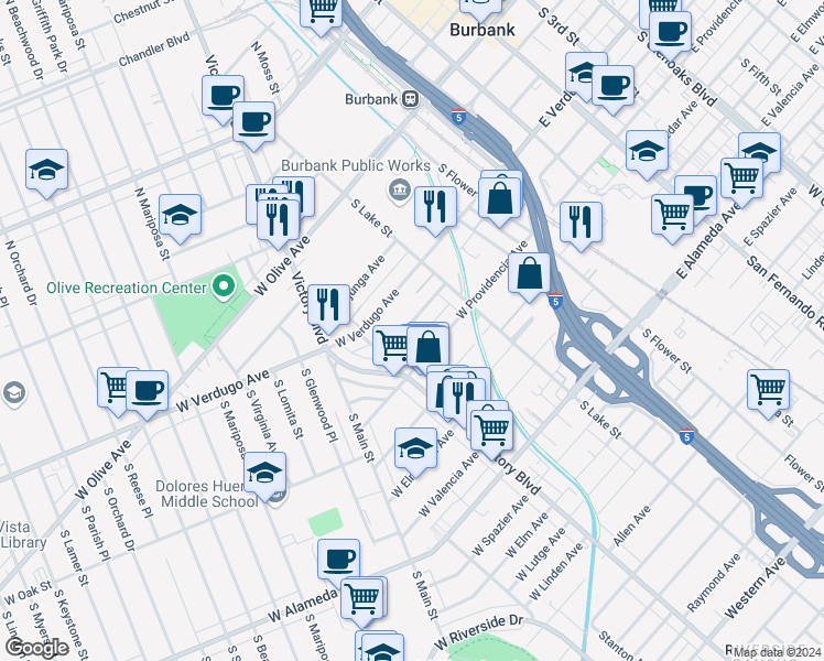 map of restaurants, bars, coffee shops, grocery stores, and more near 254 West Santa Anita Avenue in Burbank
