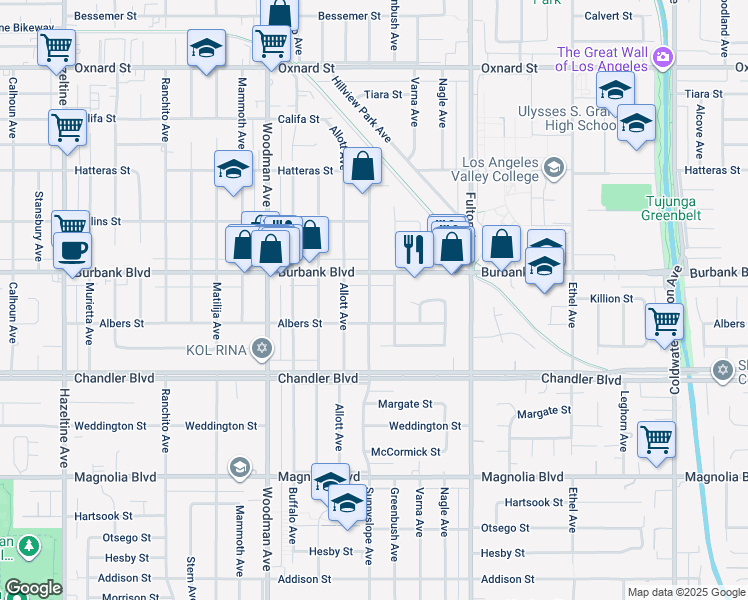 map of restaurants, bars, coffee shops, grocery stores, and more near 5532 Sunnyslope Avenue in Los Angeles
