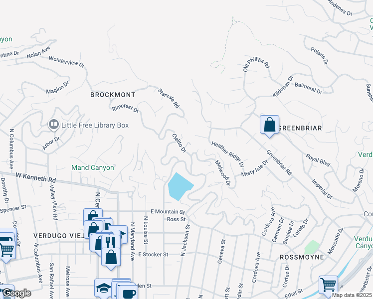 map of restaurants, bars, coffee shops, grocery stores, and more near 1644 Cielito Drive in Glendale