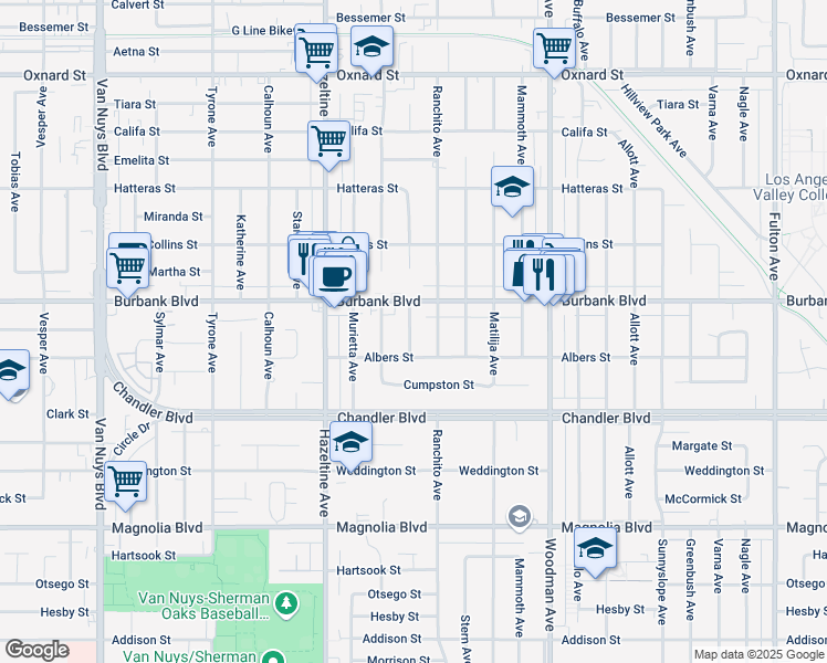 map of restaurants, bars, coffee shops, grocery stores, and more near 5541 Colbath Avenue in Los Angeles