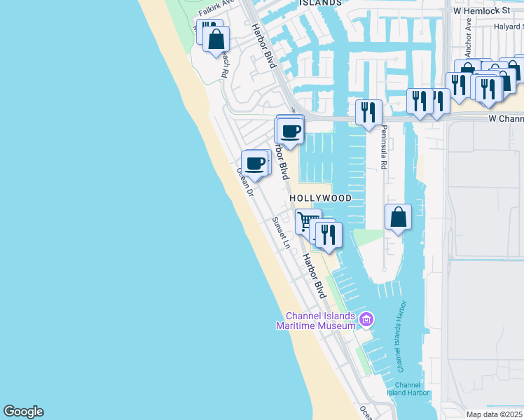 map of restaurants, bars, coffee shops, grocery stores, and more near 3210 Sunset Lane in Oxnard