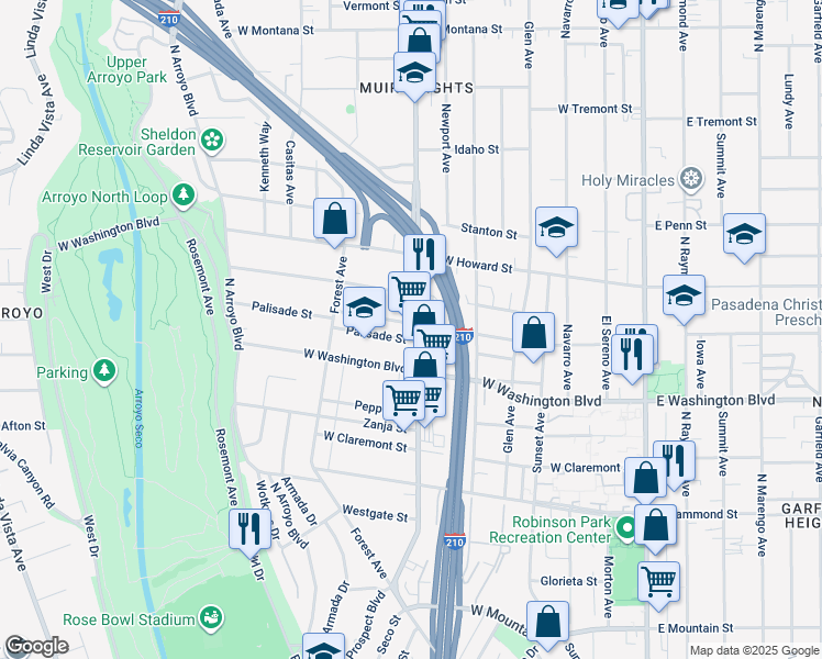 map of restaurants, bars, coffee shops, grocery stores, and more near 1435 Lincoln Avenue in Pasadena