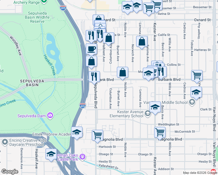 map of restaurants, bars, coffee shops, grocery stores, and more near 5527 Columbus Avenue in Los Angeles