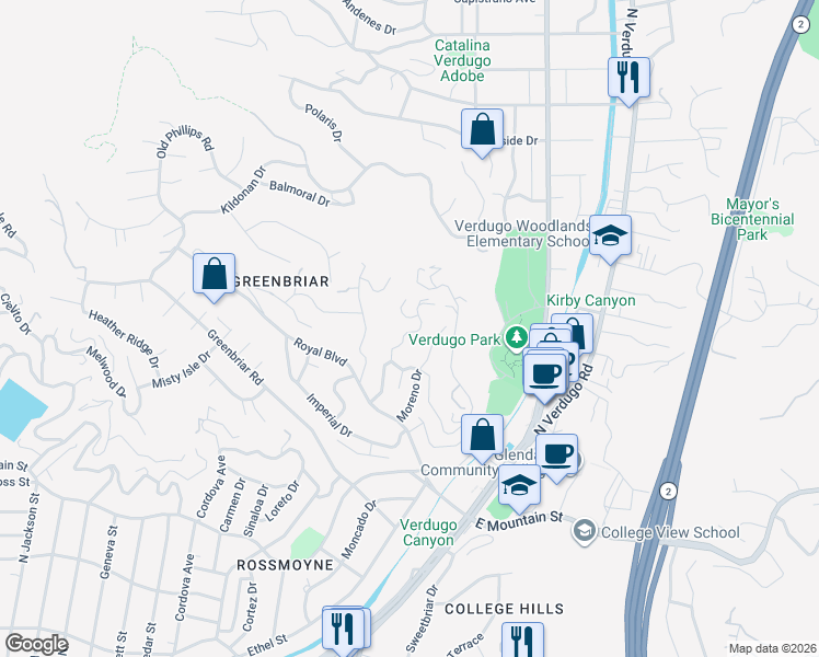 map of restaurants, bars, coffee shops, grocery stores, and more near 1611 Puebla Drive in Glendale