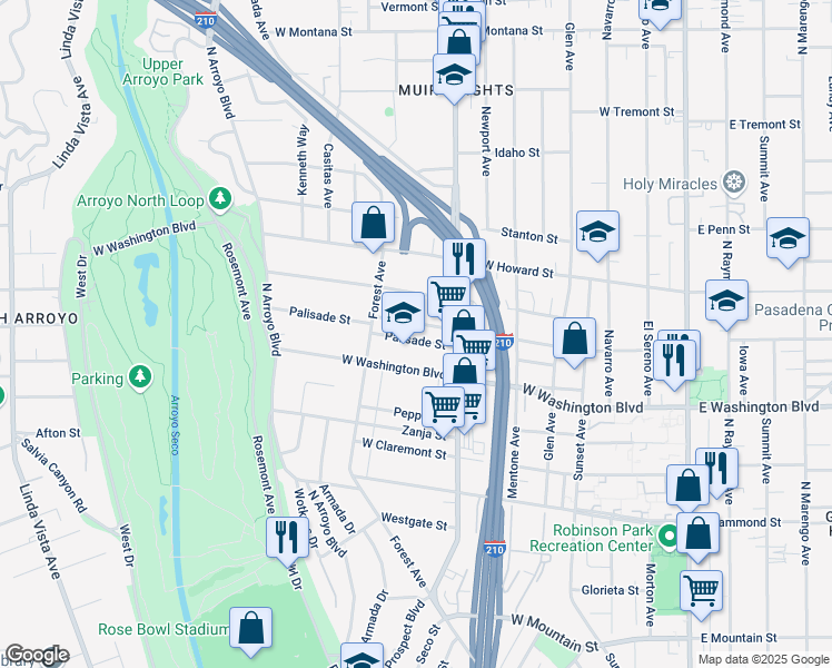 map of restaurants, bars, coffee shops, grocery stores, and more near 505 Palisade Street in Pasadena