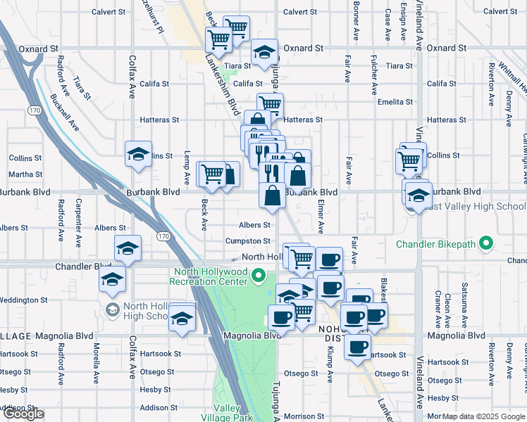 map of restaurants, bars, coffee shops, grocery stores, and more near 11425 Killion Street in Los Angeles