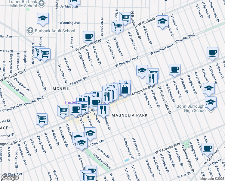 map of restaurants, bars, coffee shops, grocery stores, and more near 934 North Fairview Street in Burbank