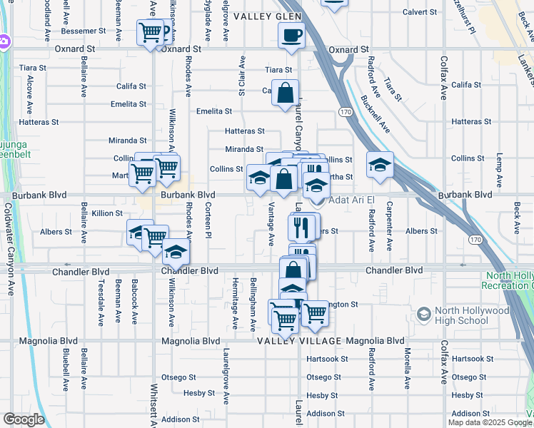 map of restaurants, bars, coffee shops, grocery stores, and more near 5540 Vantage Avenue in Los Angeles