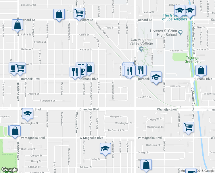 map of restaurants, bars, coffee shops, grocery stores, and more near 5530 Sunnyslope Avenue in Los Angeles