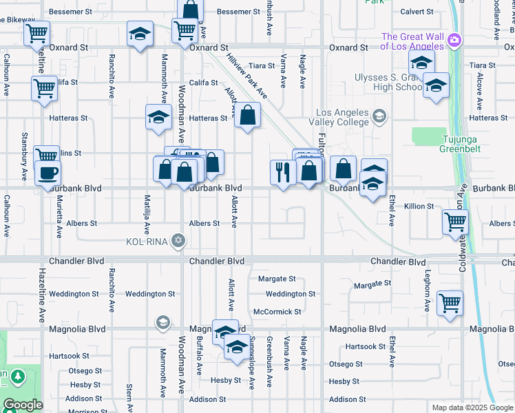 map of restaurants, bars, coffee shops, grocery stores, and more near 5530 Sunnyslope Avenue in Los Angeles