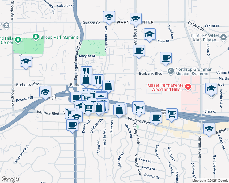 map of restaurants, bars, coffee shops, grocery stores, and more near 5520 Owensmouth Avenue in Los Angeles