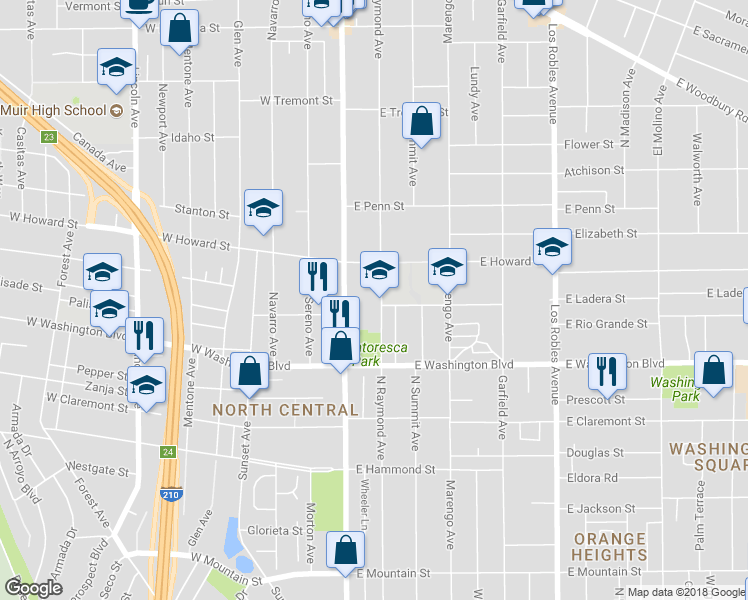 map of restaurants, bars, coffee shops, grocery stores, and more near 1477 North Raymond Avenue in Pasadena