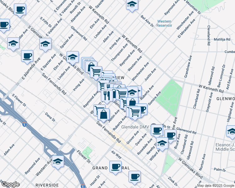 map of restaurants, bars, coffee shops, grocery stores, and more near 1126 Western Avenue in Glendale