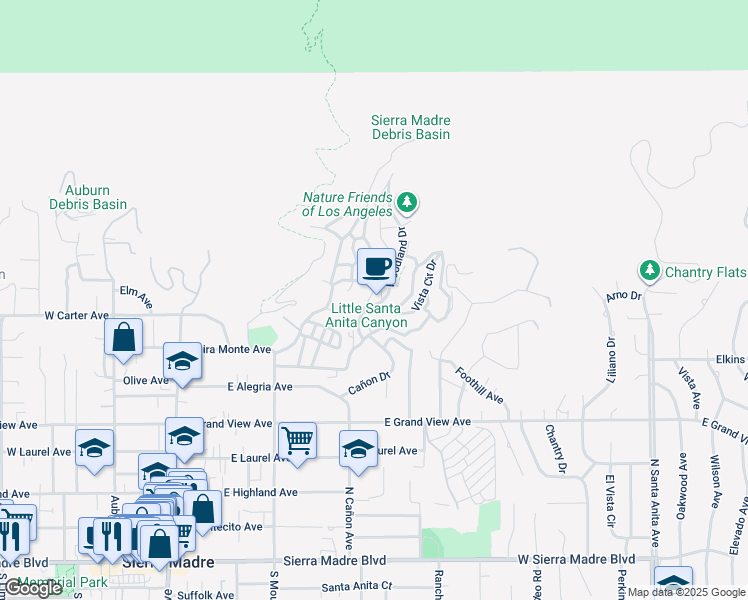 map of restaurants, bars, coffee shops, grocery stores, and more near 549 Brookside Lane in Sierra Madre