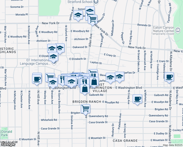 map of restaurants, bars, coffee shops, grocery stores, and more near 1495 Bellford Avenue in Pasadena