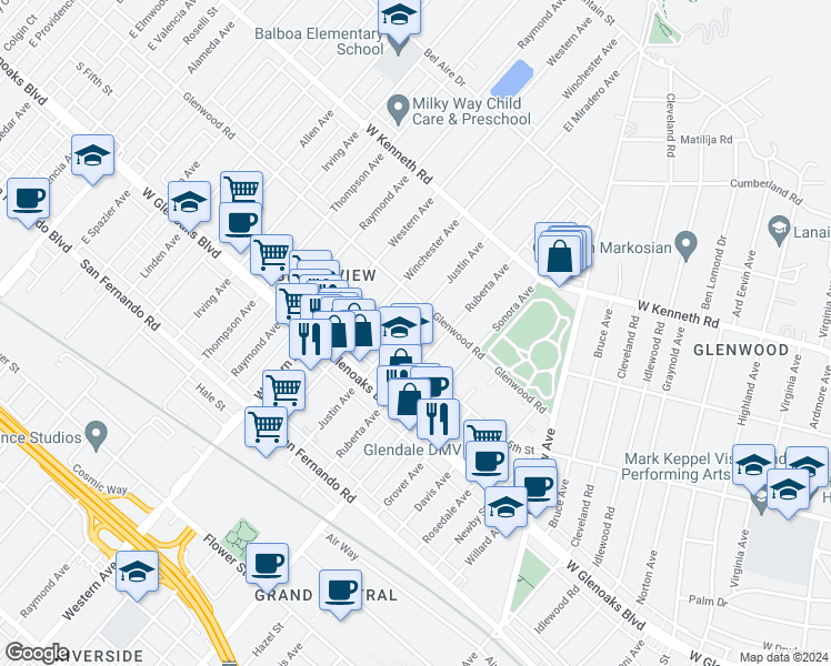 map of restaurants, bars, coffee shops, grocery stores, and more near 1172 Justin Avenue in Glendale