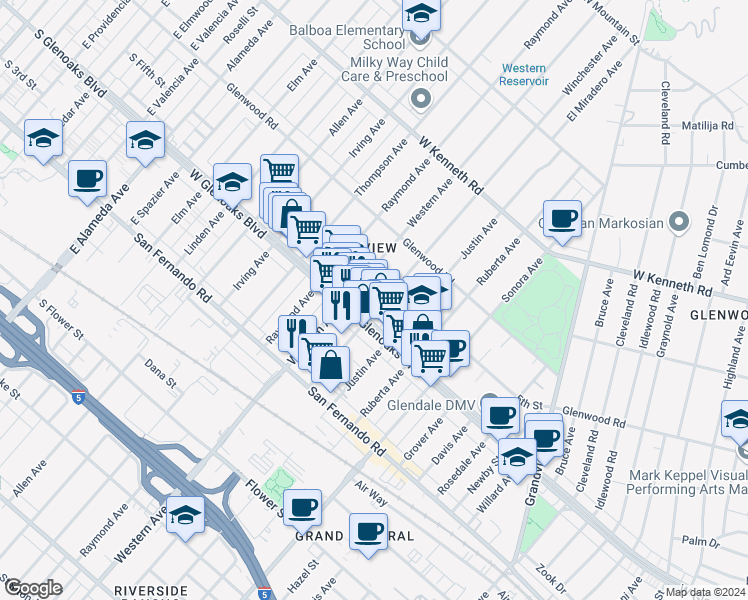 map of restaurants, bars, coffee shops, grocery stores, and more near 1124 Western Avenue in Glendale