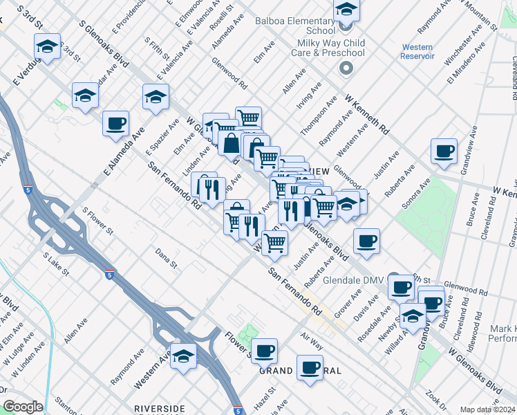 map of restaurants, bars, coffee shops, grocery stores, and more near 1057 Raymond Avenue in Glendale