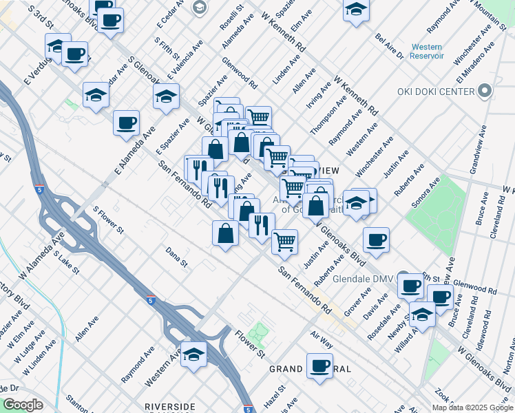 map of restaurants, bars, coffee shops, grocery stores, and more near 1063 Thompson Avenue in Glendale