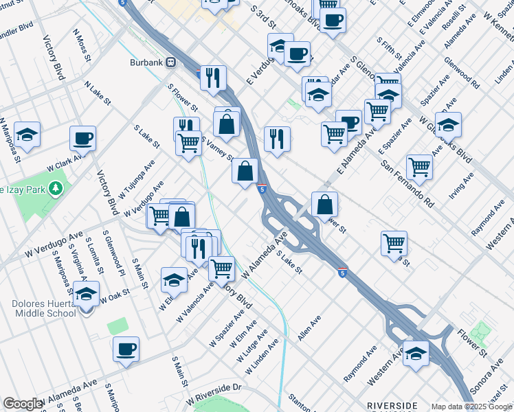 map of restaurants, bars, coffee shops, grocery stores, and more near 145 West Ash Avenue in Burbank